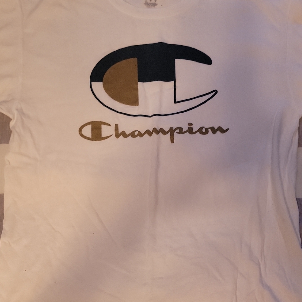 Champion White Tee with Black and Gold Logo